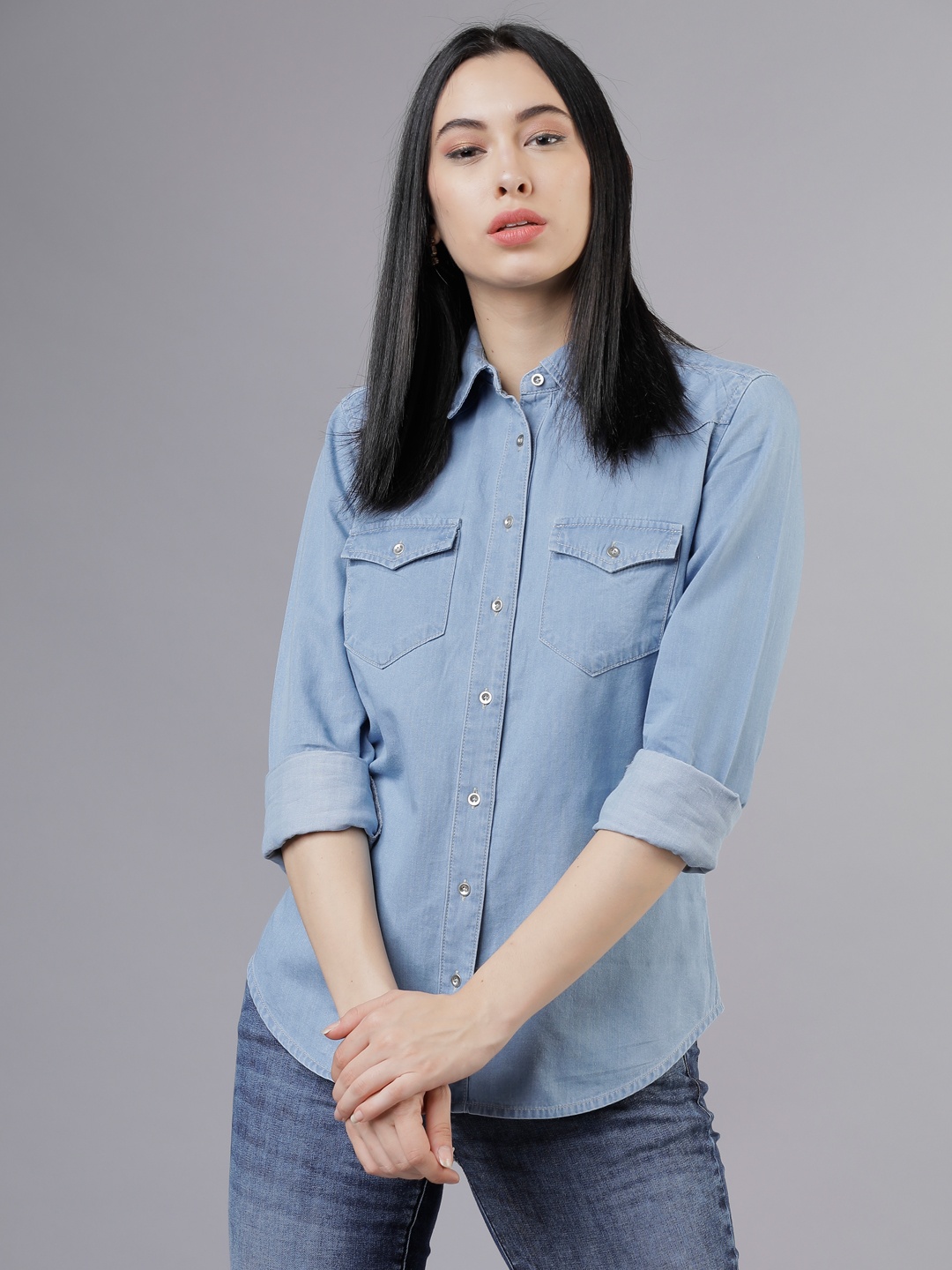 

Tokyo Talkies Women Blue Slim Fit Solid Casual Shirt