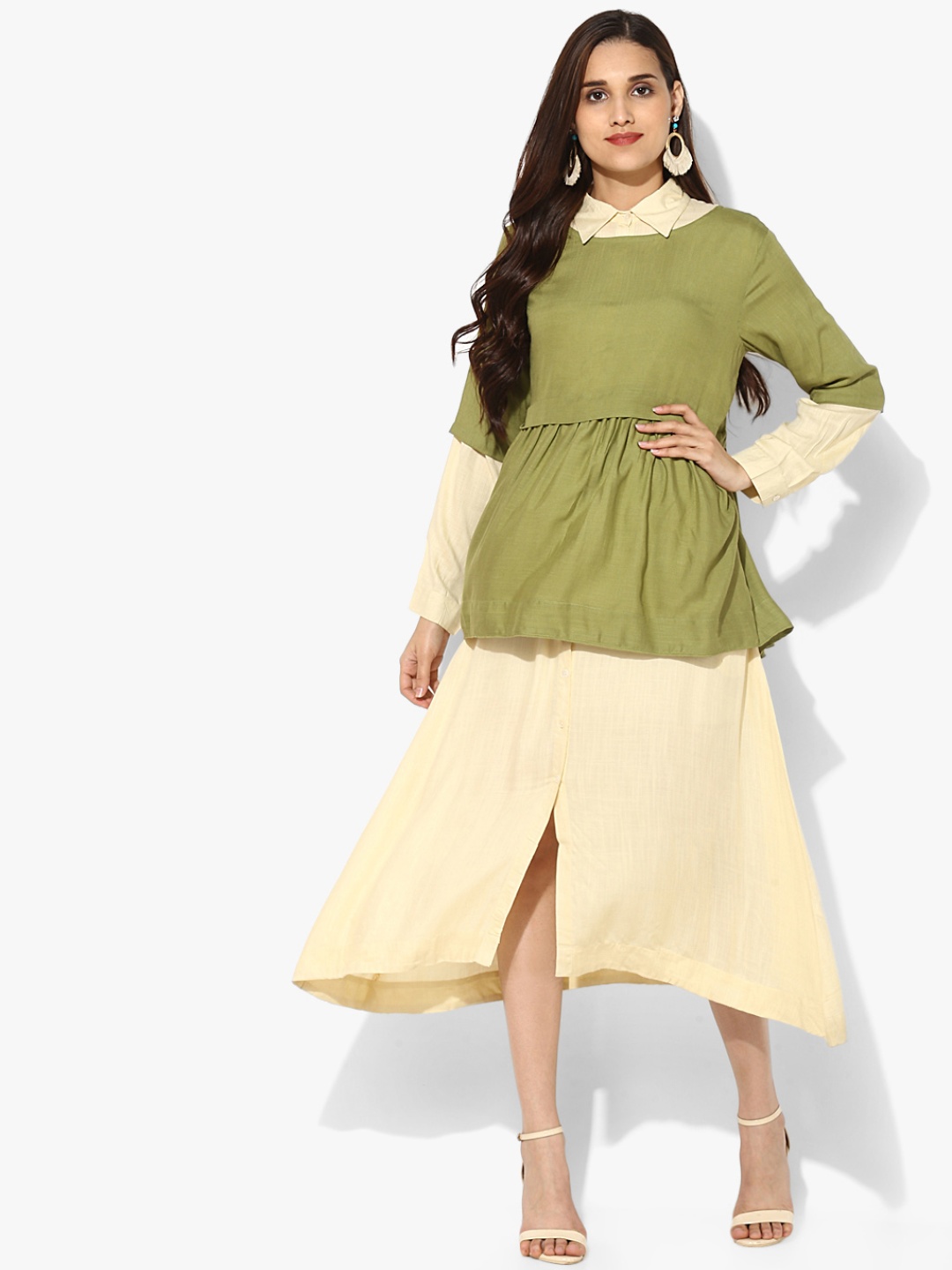 

Sangria Women Cream-Coloured & Green Fusion Shirt Dress with Solid Layer