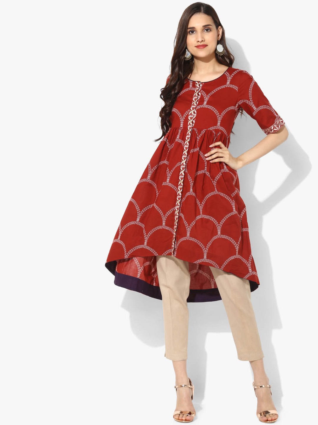 

Sangria Women Rust Red & White Printed A-Line Kurta