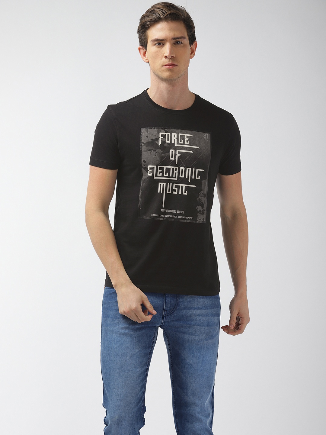 

Flying Machine Men Black Printed Round Neck Pure Cotton T-shirt