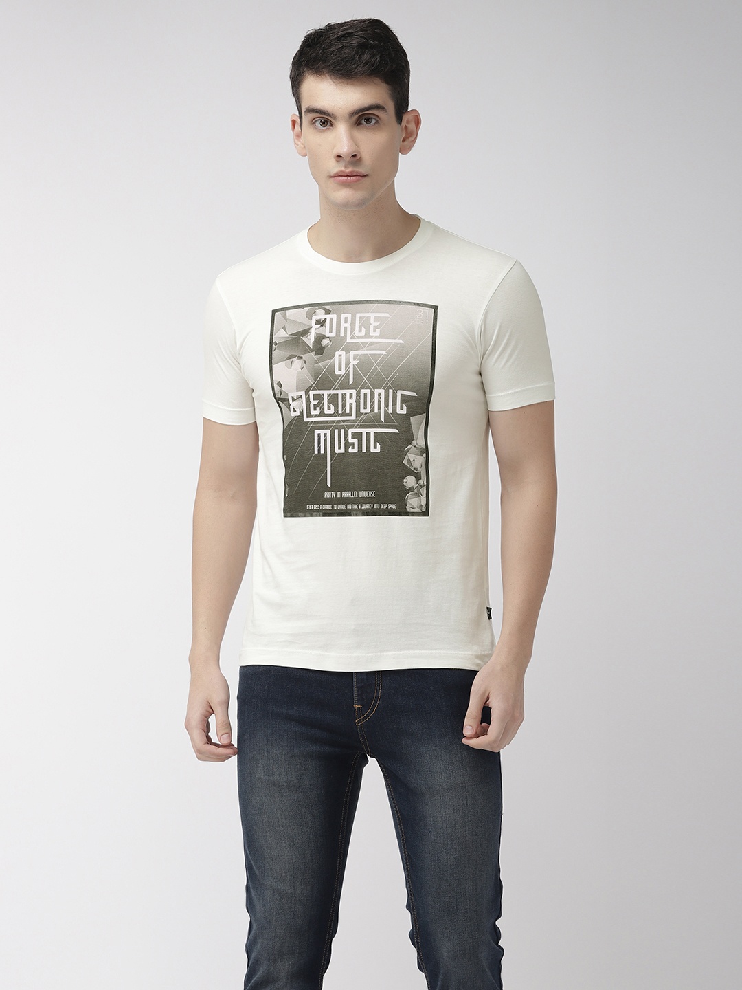 

Flying Machine Men White Printed Round Neck Pure Cotton T-shirt