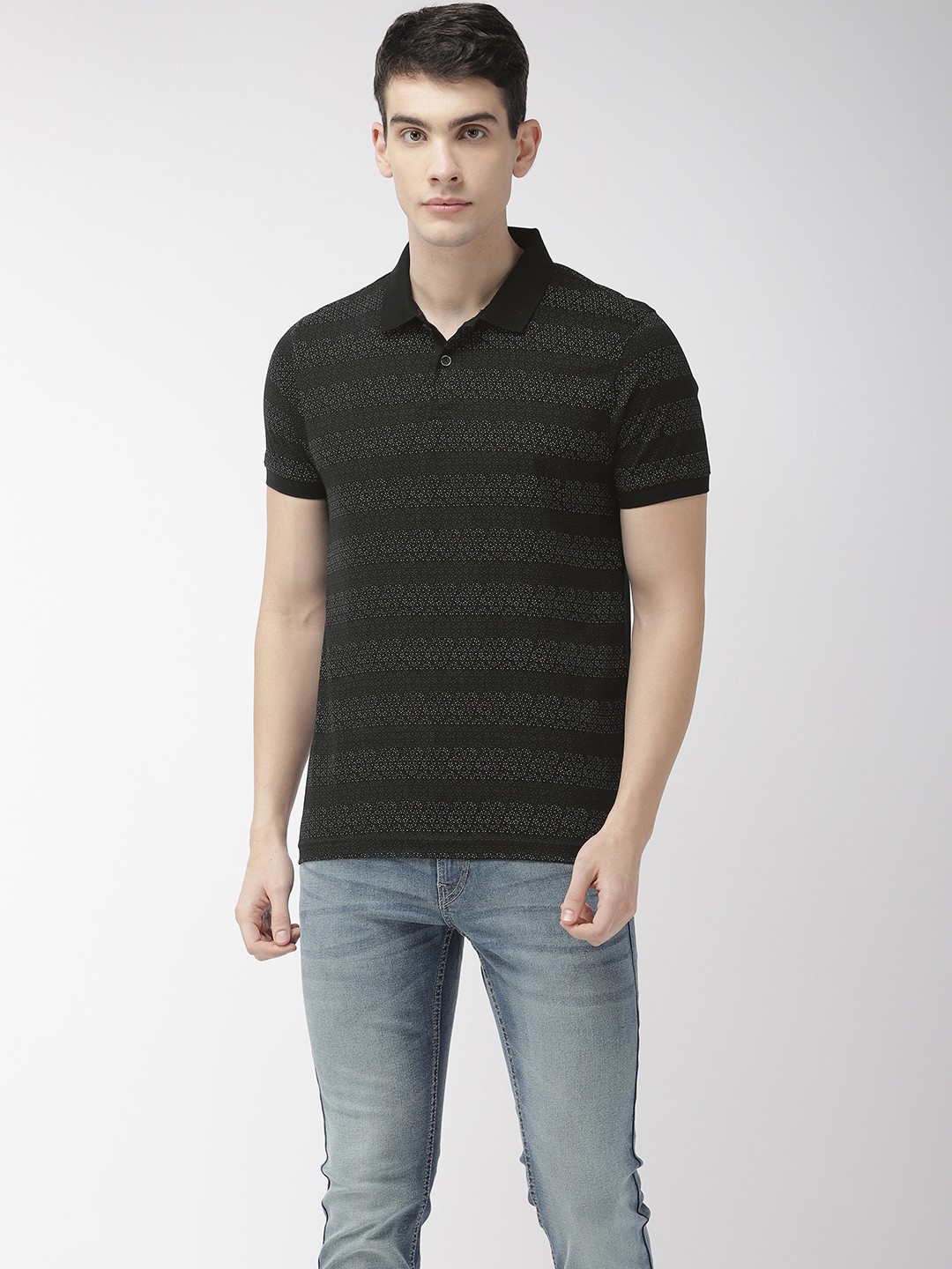 

Flying Machine Men Black Grey Printed Polo Pure Cotton T-shirt