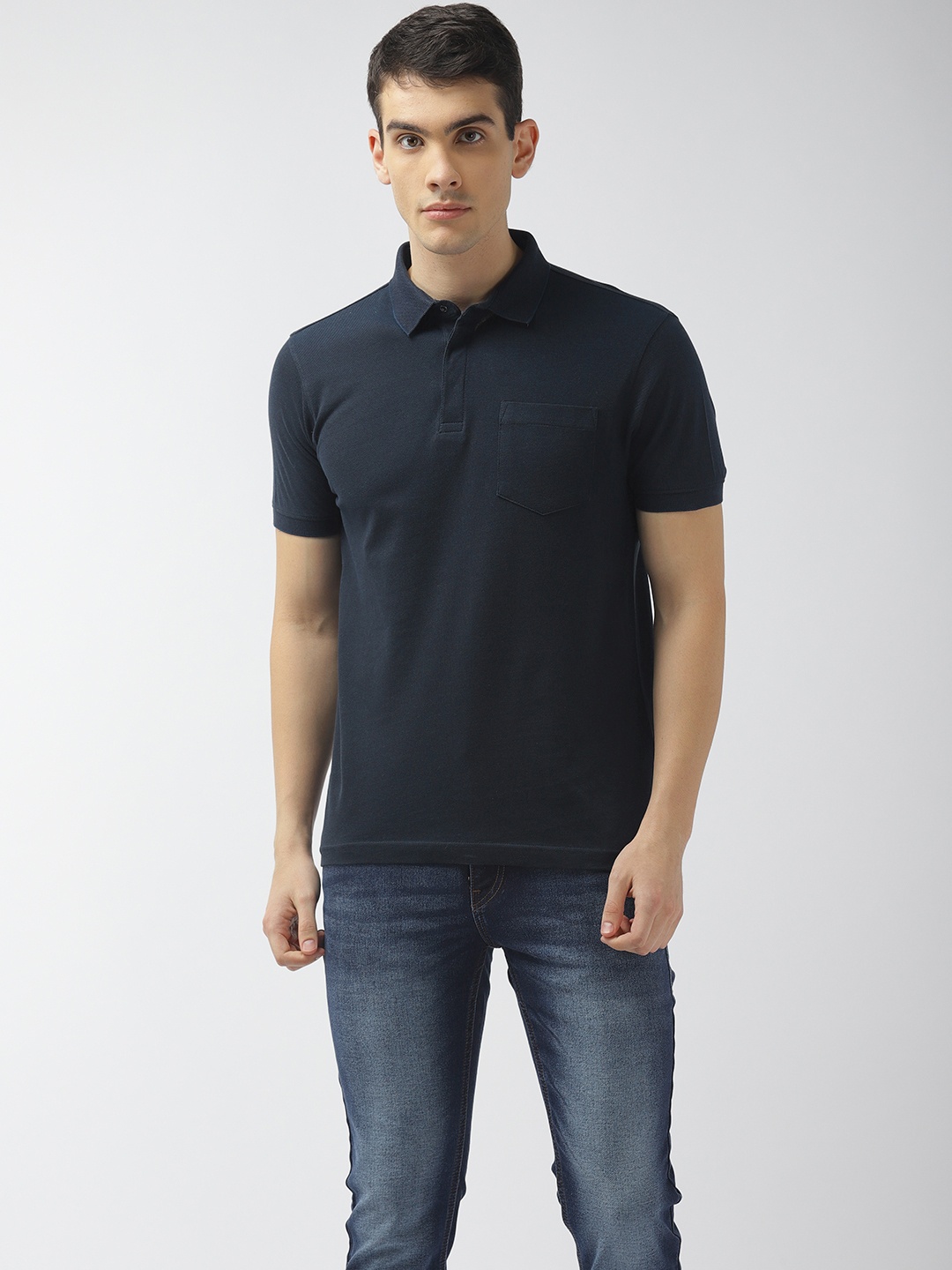 

Flying Machine Men Navy Blue Solid Polo Collar Pure Cotton T-shirt