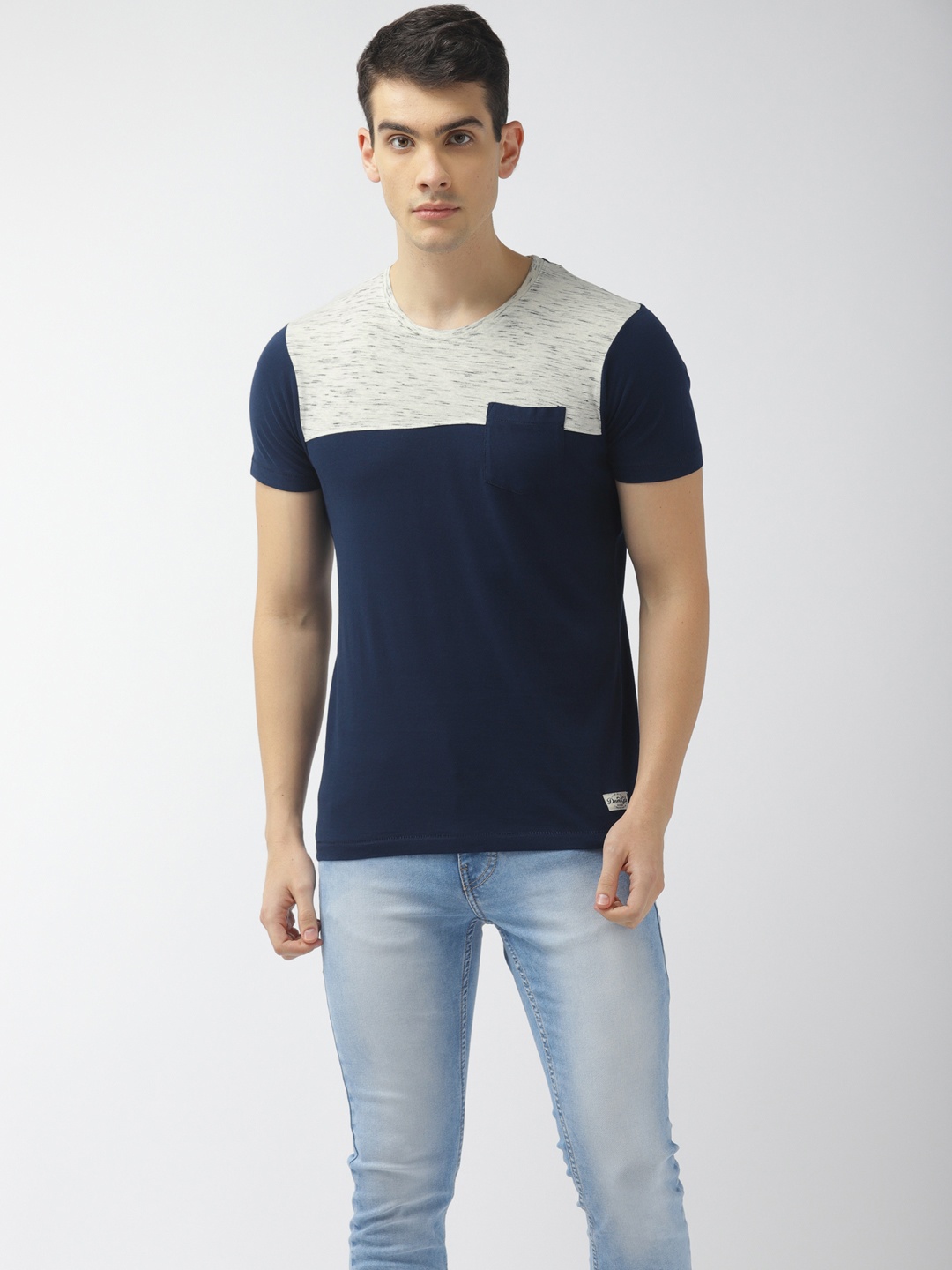 

Flying Machine Men Navy White Colourblocked Round Neck Pure Cotton T-shirt, Navy blue