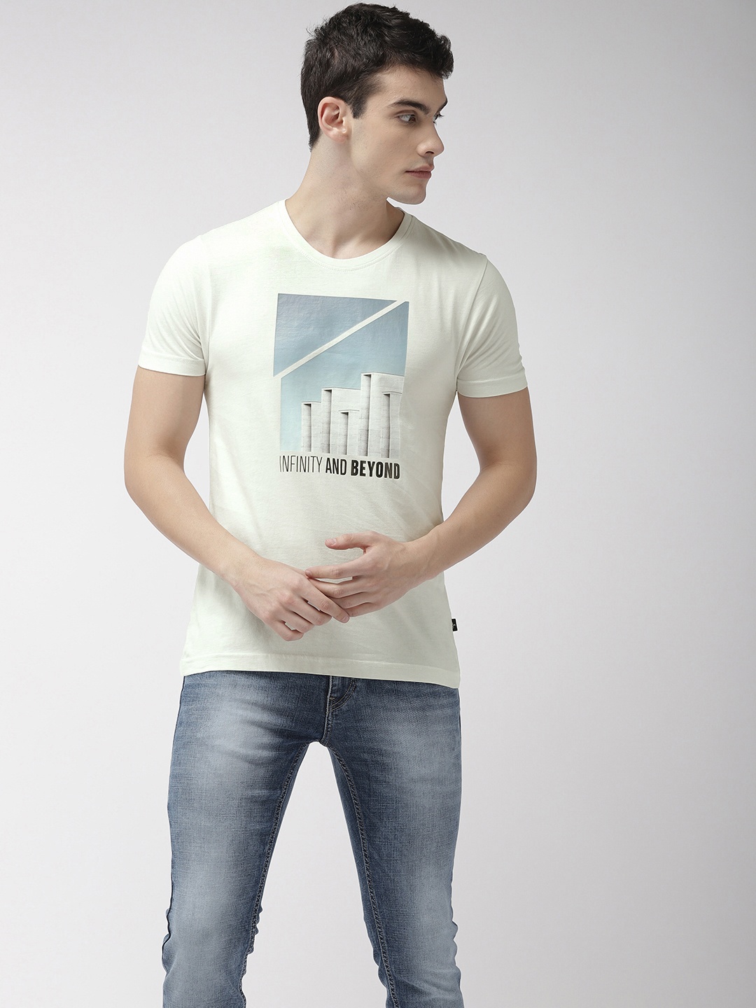 

Flying Machine Men Light Blue Printed Round Neck Pure Cotton T-shirt