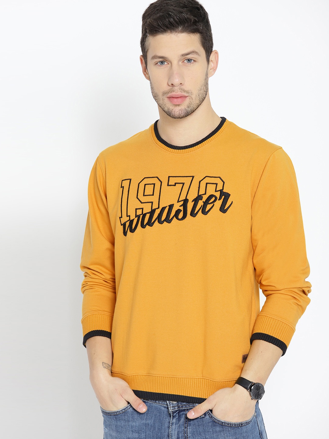 

The Roadster Lifestyle Co Men Mustard Yellow & Black Embroidered Sweatshirt