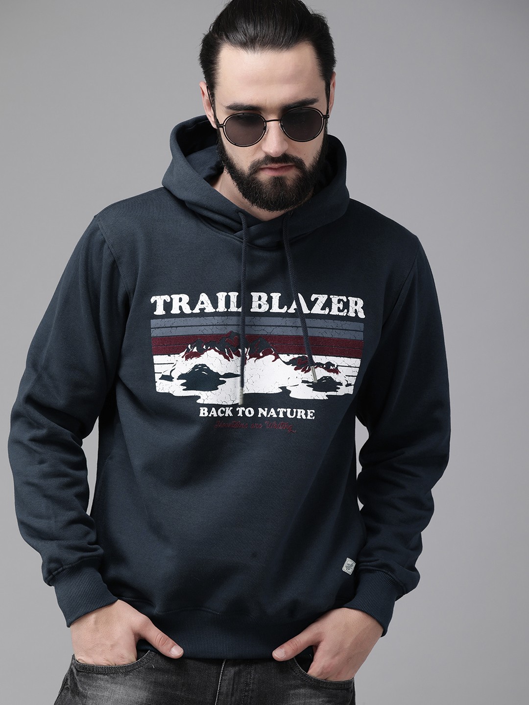 

The Roadster Lifestyle Co Men Navy Blue Printed Detachable Hood Sweatshirt