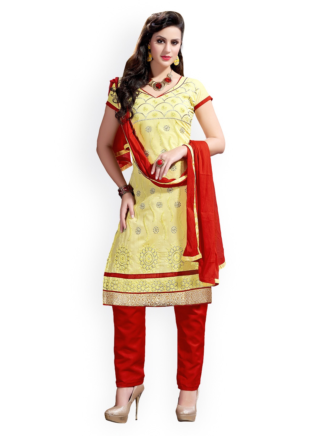 

Blissta Yellow & Red Chanderi Unstitched Dress Material