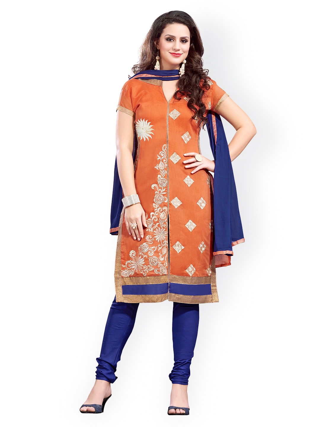 

Blissta Peach-Coloured & Blue Chanderi Unstitched Dress Material