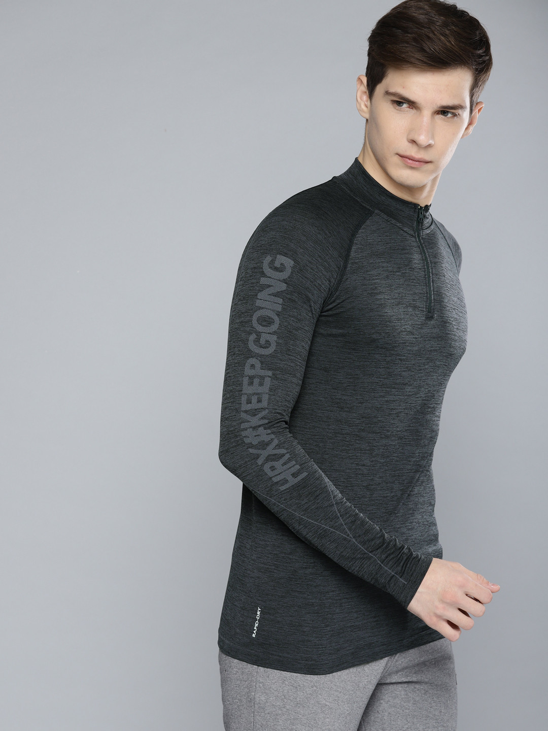 

HRX by Hrithik Roshan Men Charcoal Grey Melange Solid Yoga Seamless High Neck T-shirt