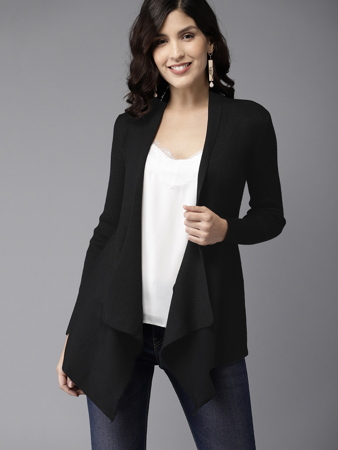 

HERE&NOW Women Black Self Striped Front-Open Sweater