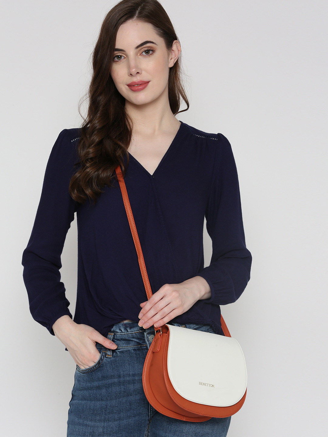 

United Colors of Benetton White & Orange Colourblocked Sling Bag