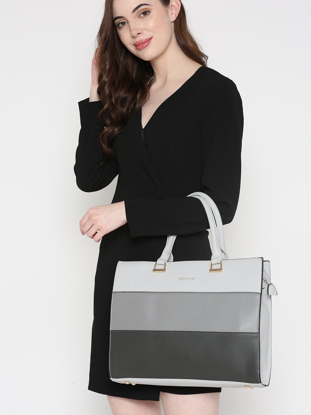 

United Colors of Benetton Grey & Black Colourblocked Handheld Bag