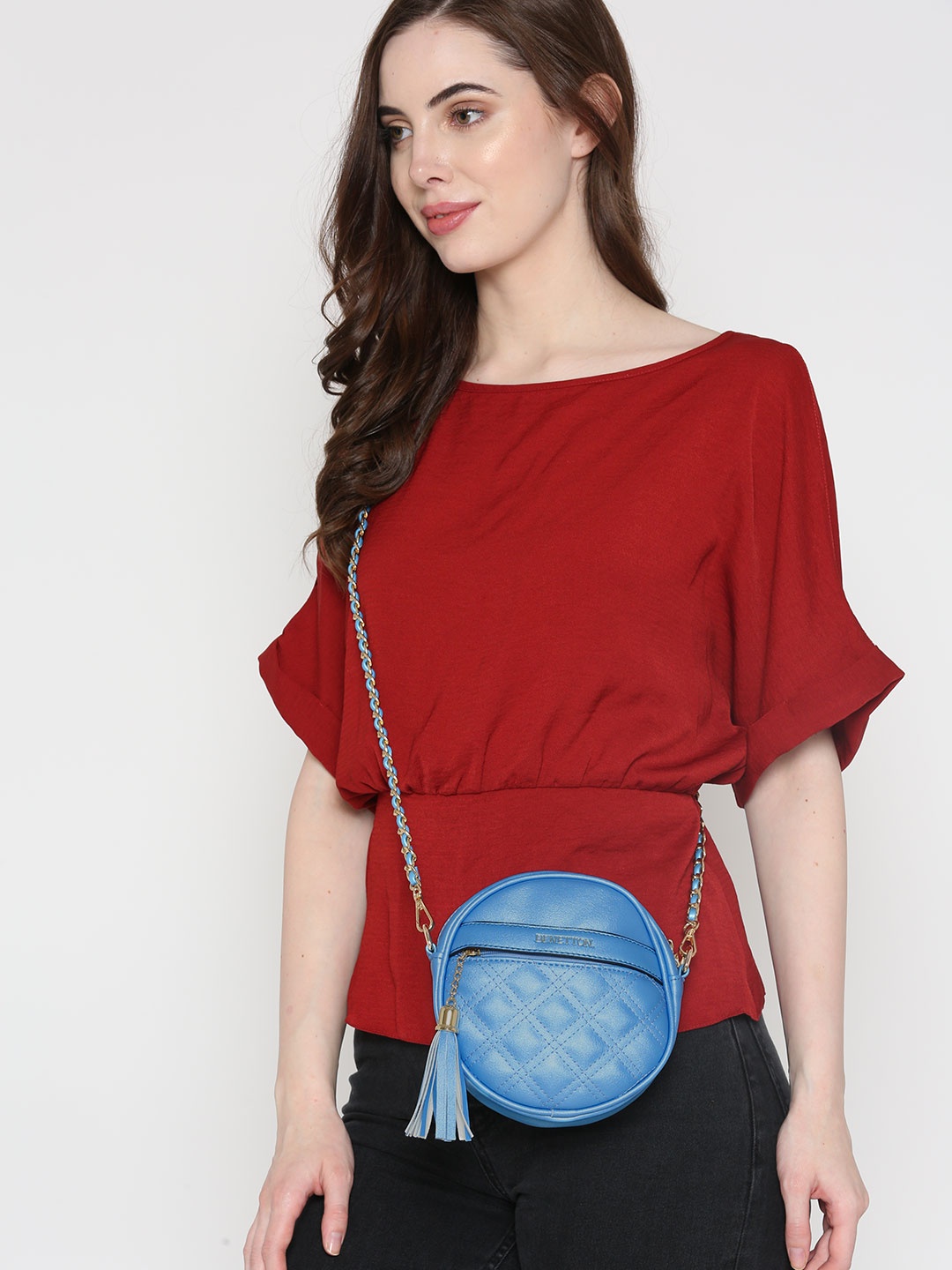 

United Colors of Benetton Blue Quilted Sling Bag with Tasselled Detail