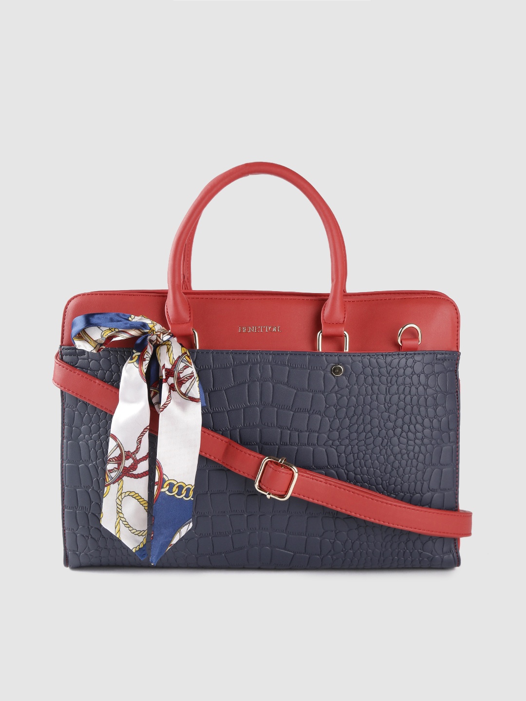

United Colors of Benetton Women Navy Blue & Red Croc Textured Laptop Bag