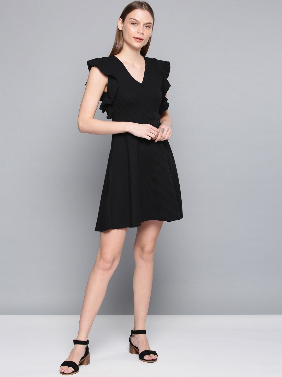 

Chemistry Women Self Design Black Fit and Flare Dress