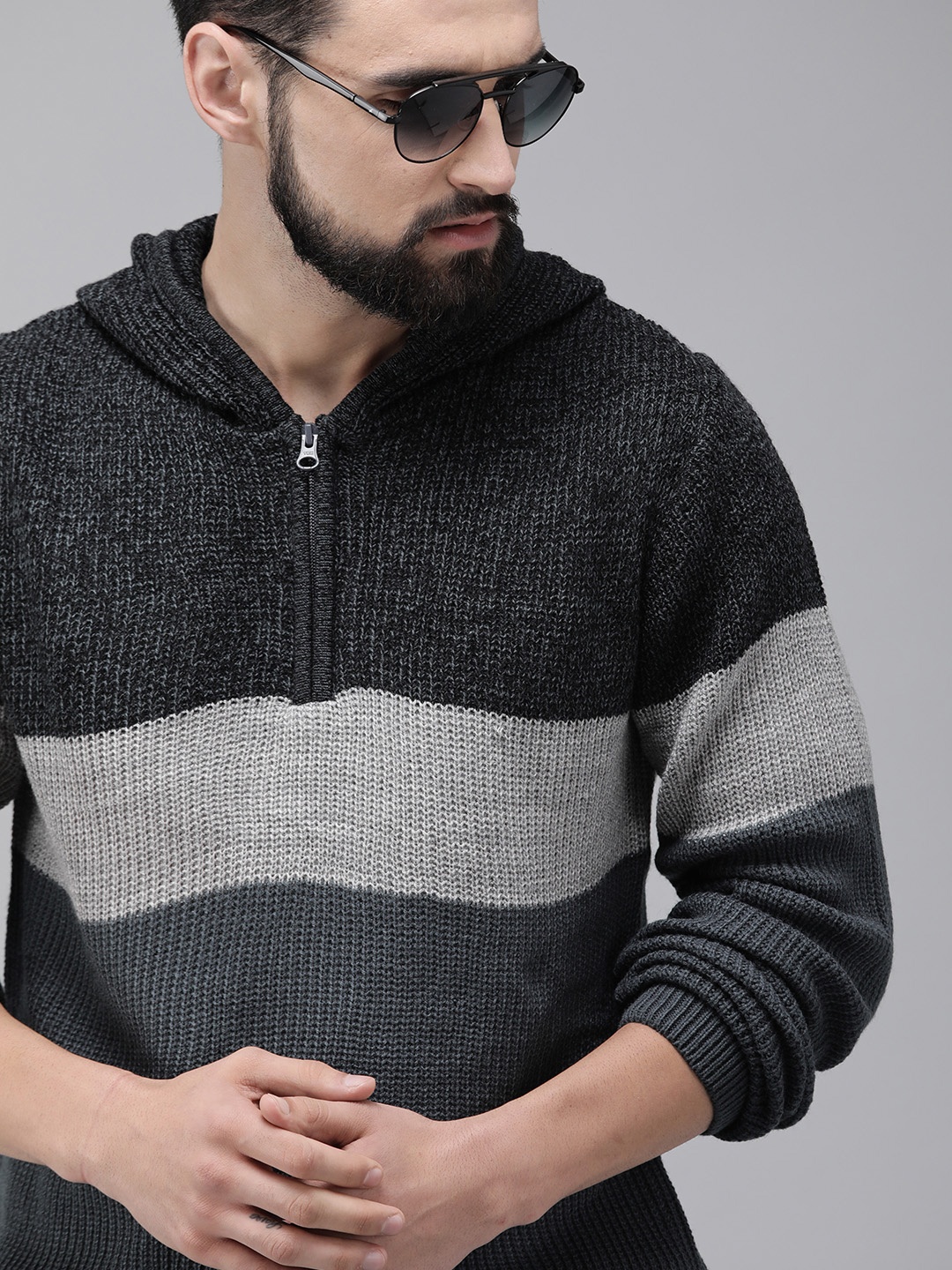 

The Roadster Lifestyle Co Men Black & Charcoal Grey Colourblocked Pullover Hooded Sweater