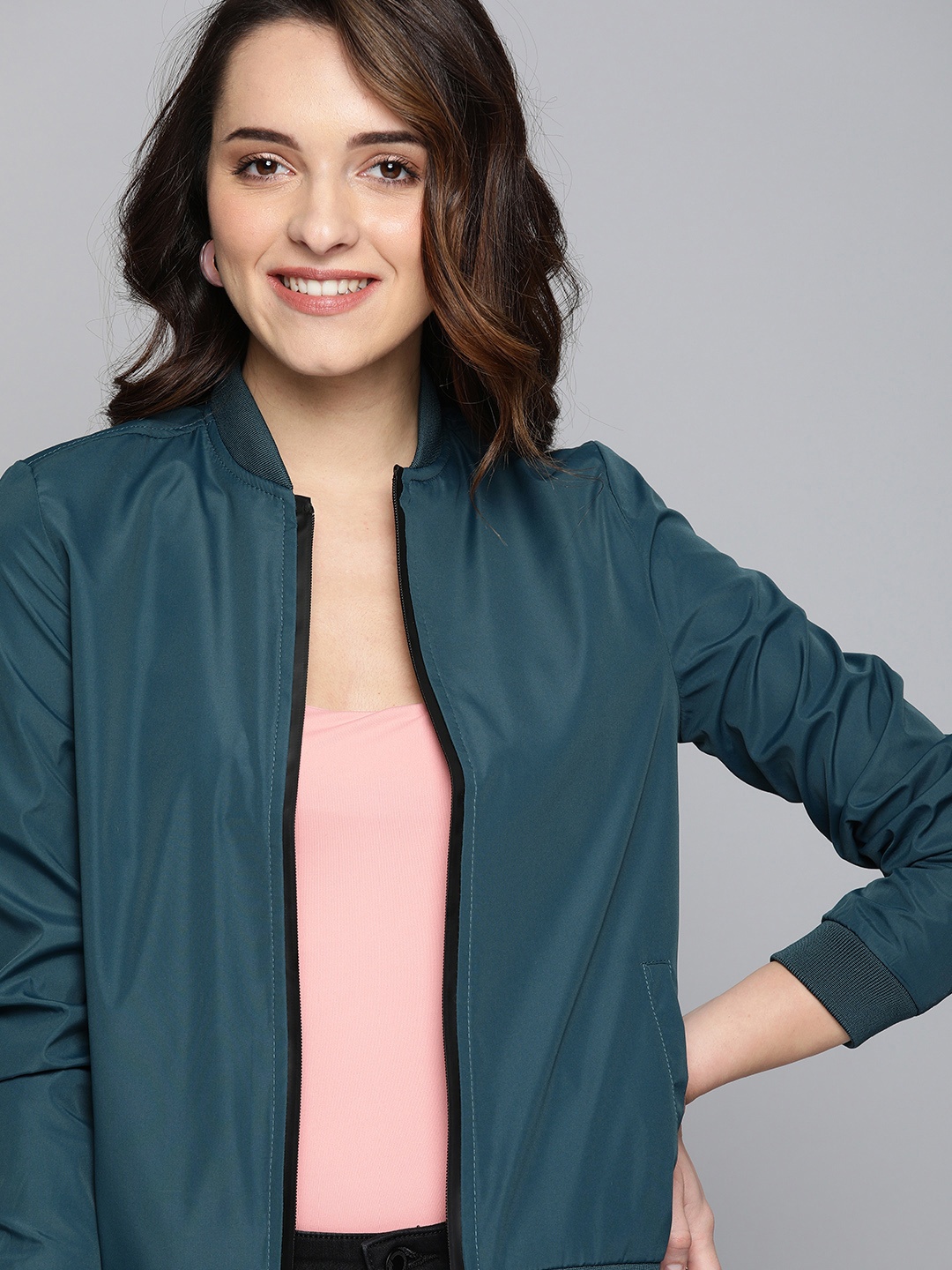 

Mast & Harbour Women Teal Blue Solid Bomber Jacket