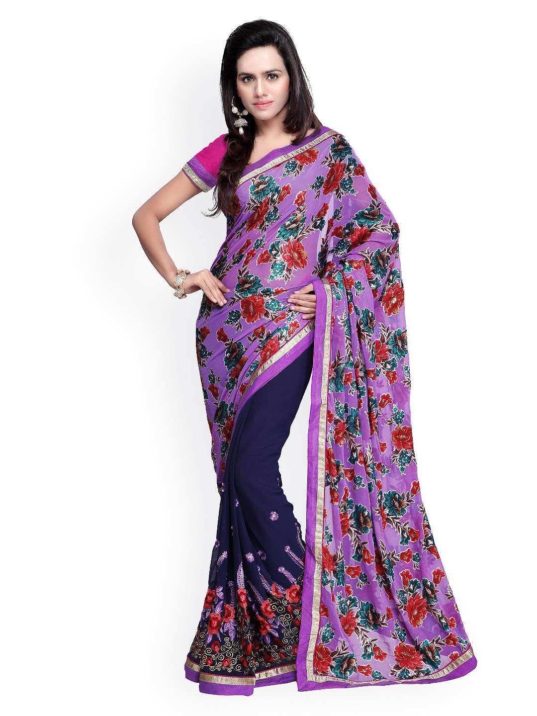 

Kalista Purple & Navy Printed & Embroidered Georgette Saree