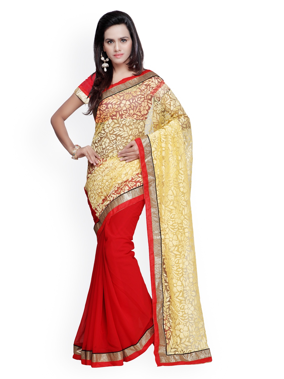 

Kalista Red & Beige Chiffon Saree