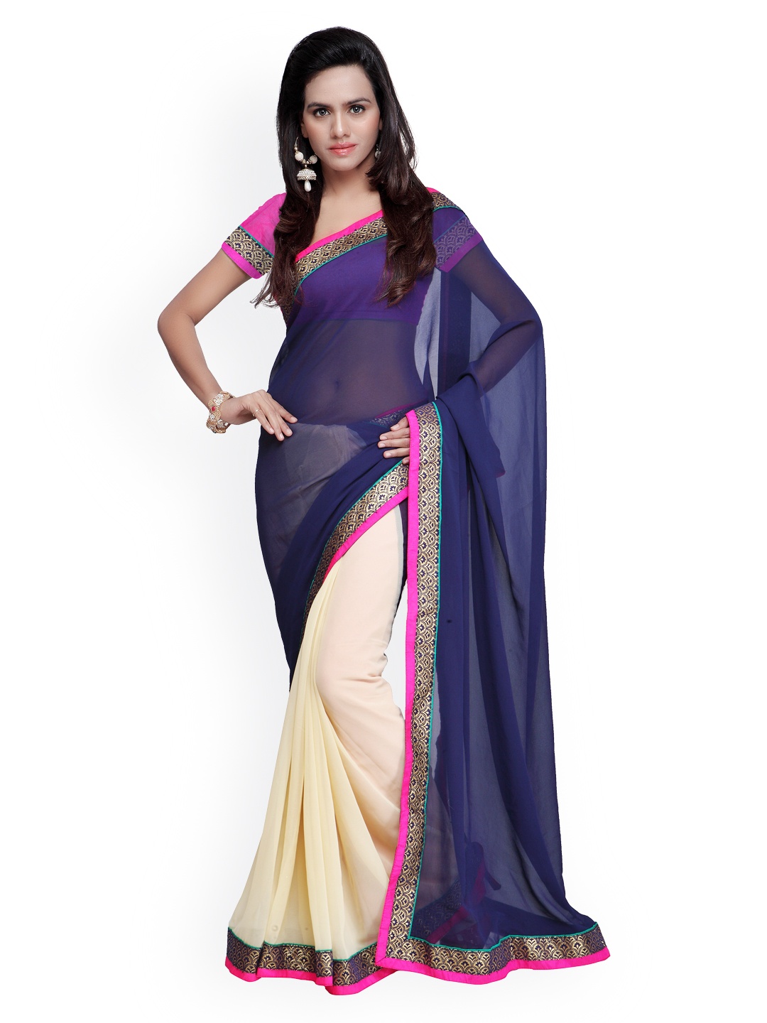 

Kalista Navy & Beige Chiffon Saree, Navy blue