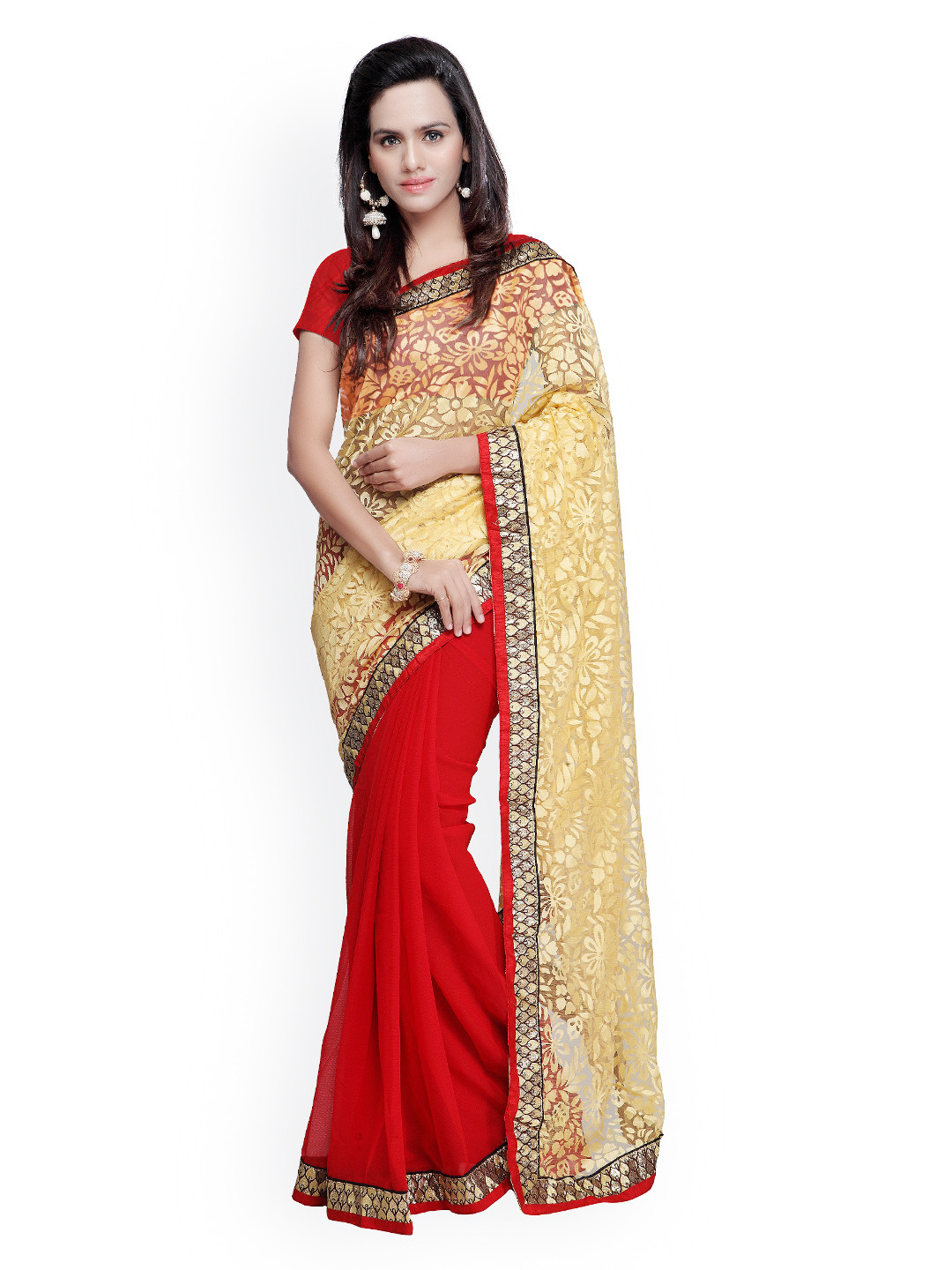 

Kalista Red & Beige Chiffon Saree