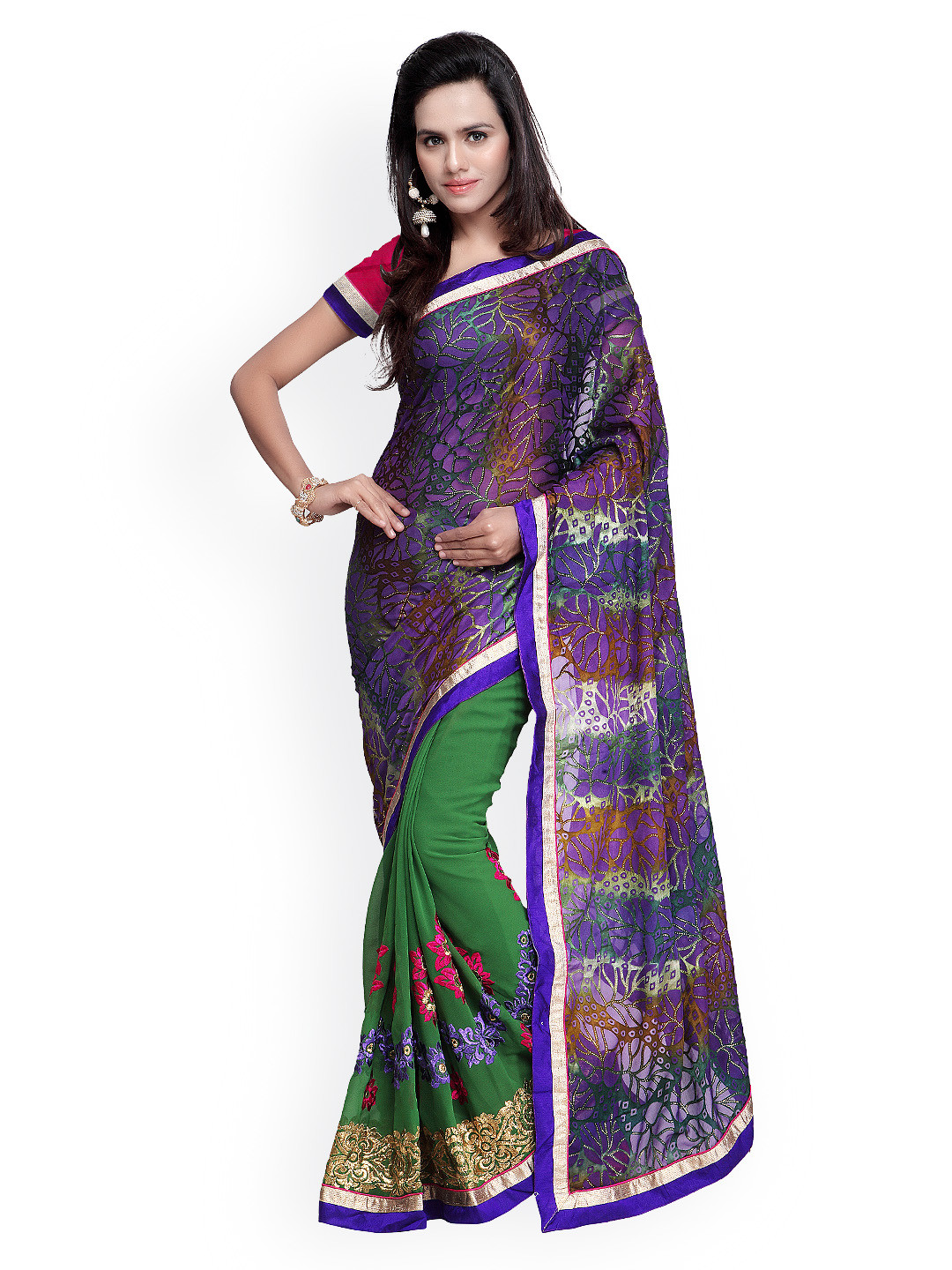 

Kalista Blue & Green Embroidered Georgette Embellished Saree