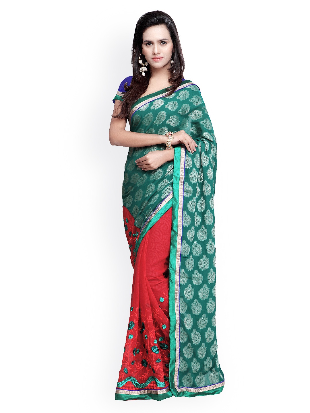 

Kalista Red & Green Embroidered Georgette Saree