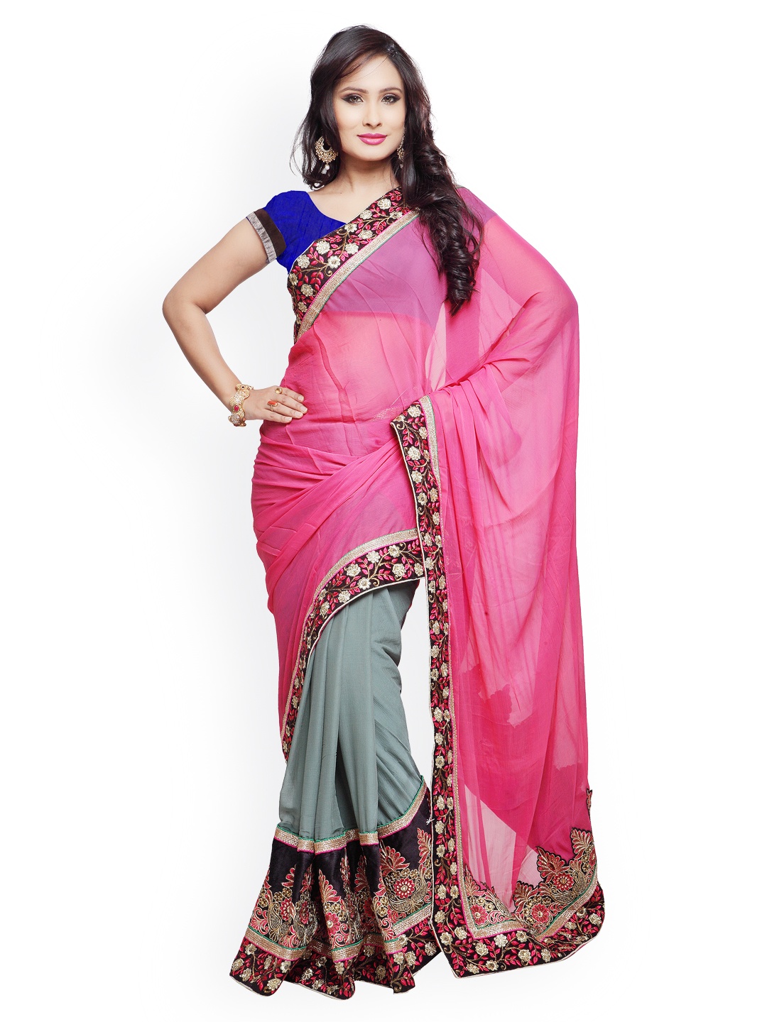

Kalista Pink & Grey Embroidered Georgette Saree