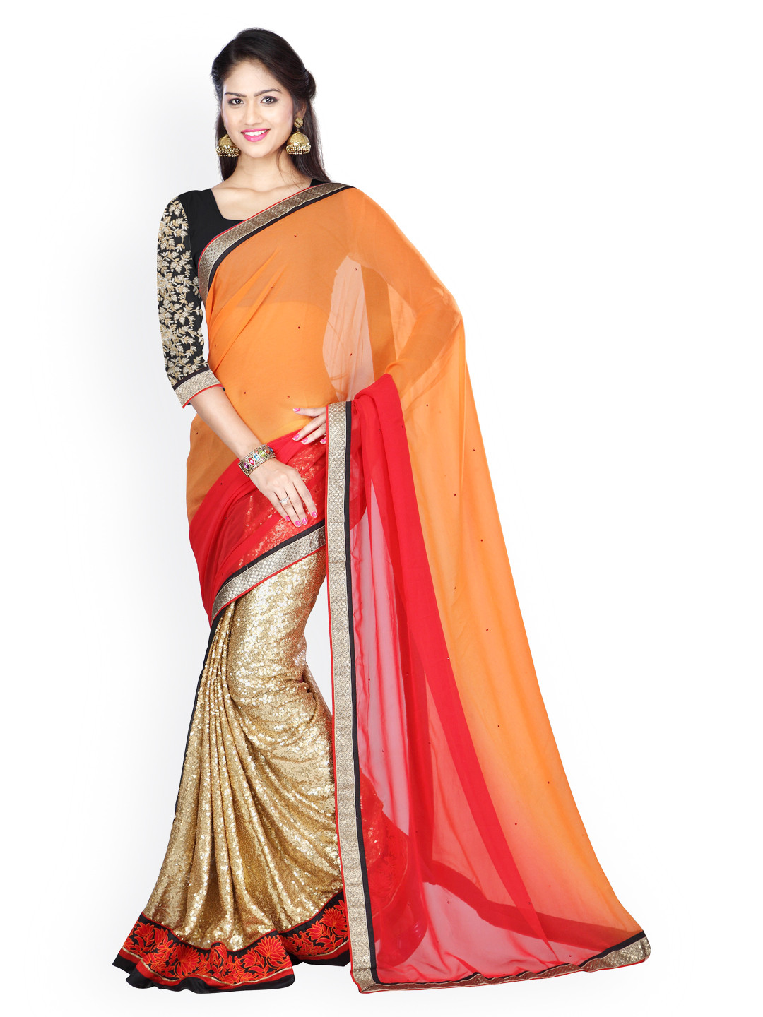 

Kalista Orange & Gold-Toned Chiffon Embellished Saree