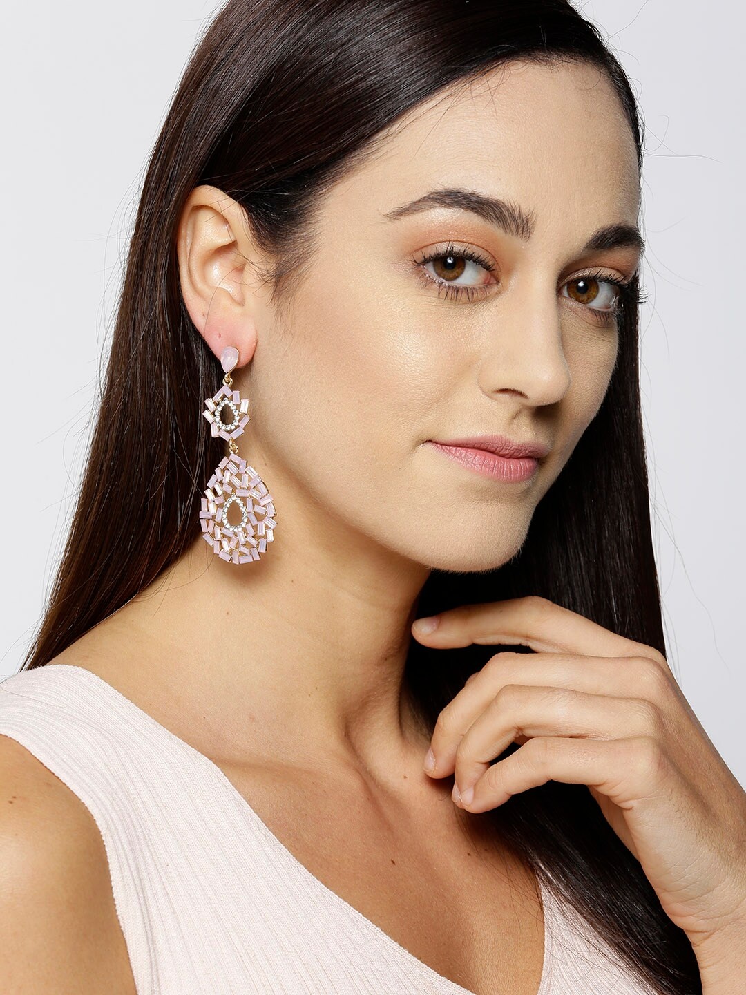 

DressBerry Pink Stone-Studded Teardrop Shaped Drop Earrings