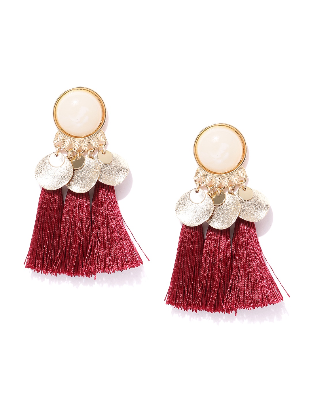 

DressBerry Maroon & Gold-Toned Tasselled Stone-Studded Contemporary Drop Earrings