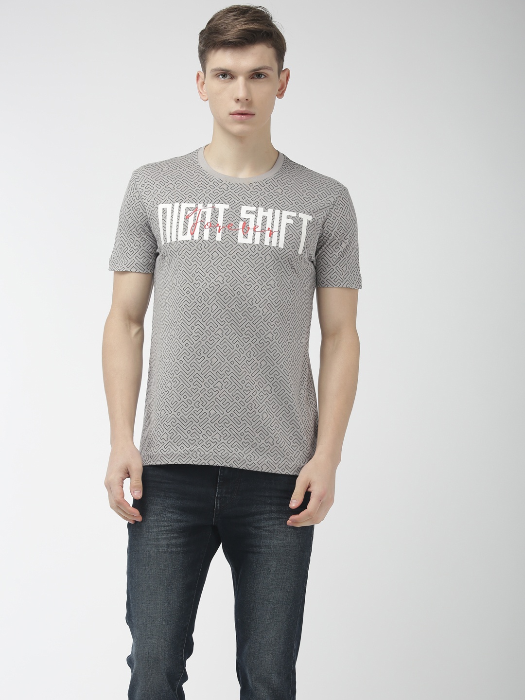

Flying Machine Men Grey Printed Round Neck Pure Cotton T-shirt