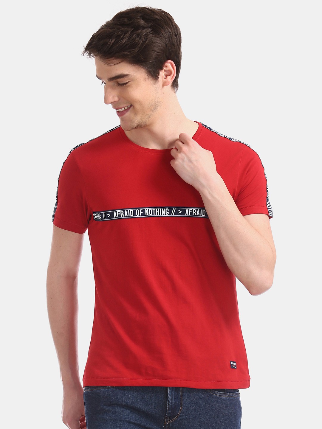 

Flying Machine Men Red Navy Blue Printed Round Neck Pure Cotton T-shirt