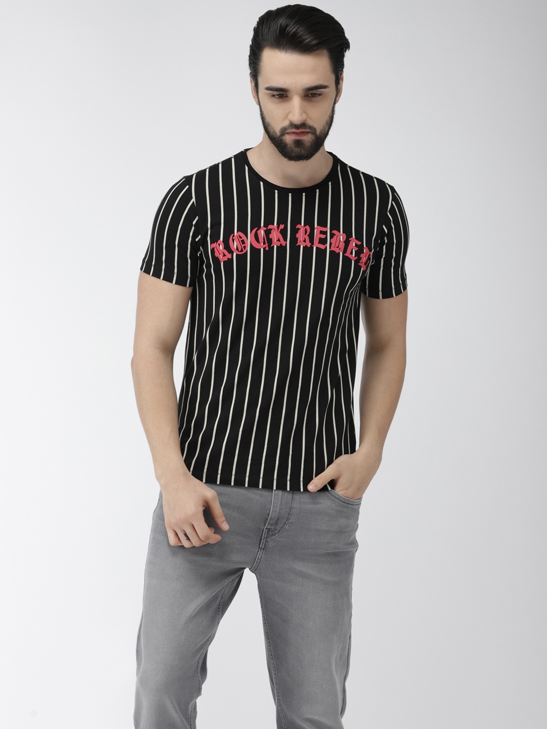

Flying Machine Men Black Off-White Striped Round Neck Pure Cotton T-shirt