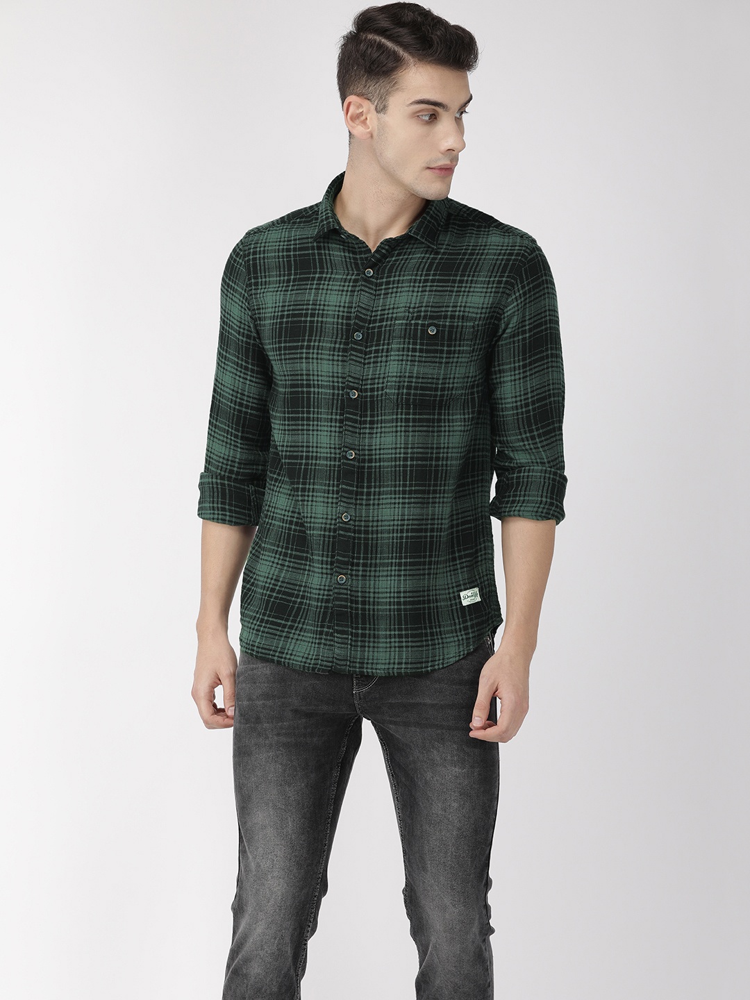

Flying Machine Men Green & Black Slim Fit Checked Casual Shirt