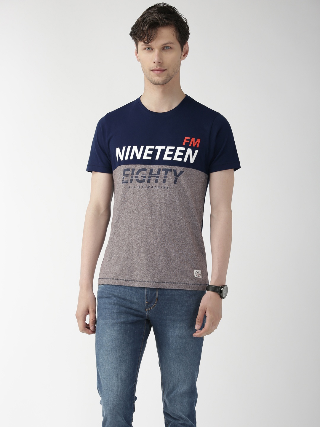 

Flying Machine Men Navy & Grey Colourblocked Neck T-shirt, Navy blue