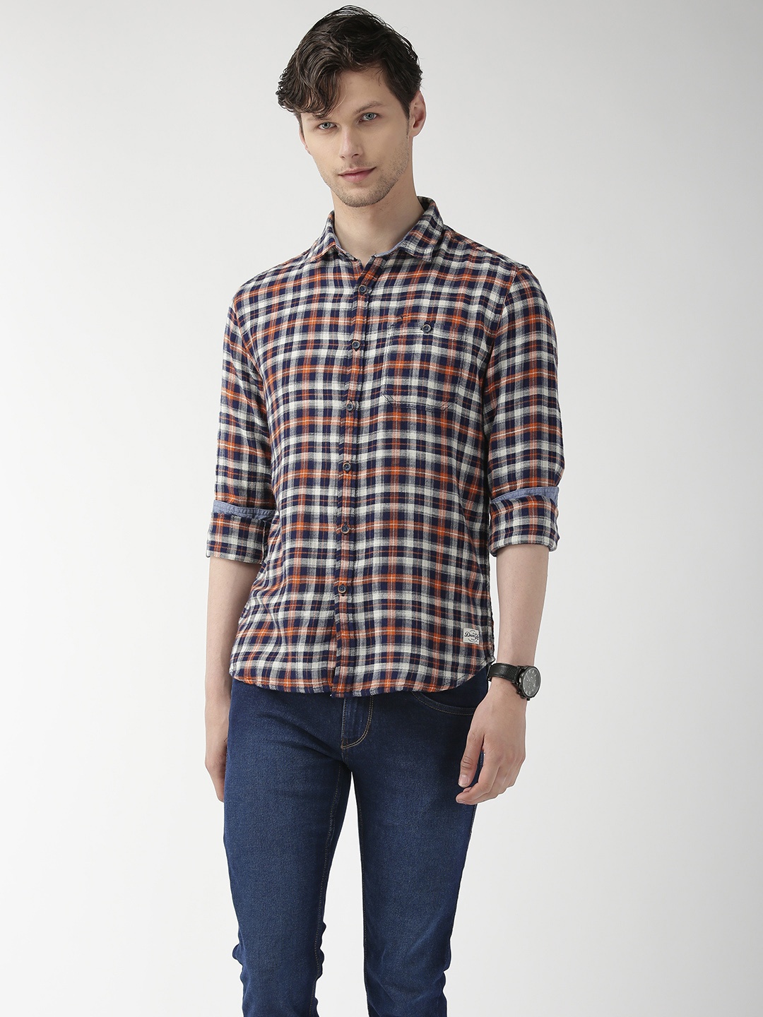 

Flying Machine Men Navy & Orange Slim Fit Checked Casual Shirt, Navy blue