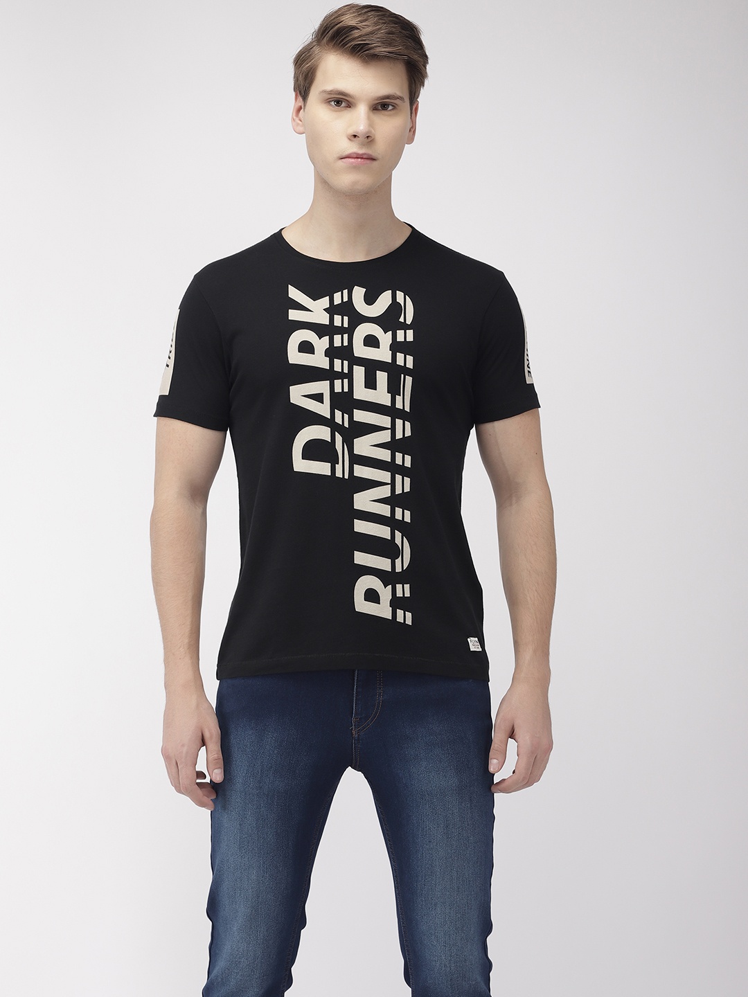 

Flying Machine Men Black Beige Printed Round Neck Pure Cotton T-shirt