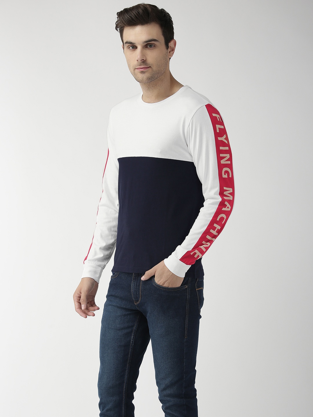 

Flying Machine Men White Navy Colourblocked Round Neck Pure Cotton T-shirt