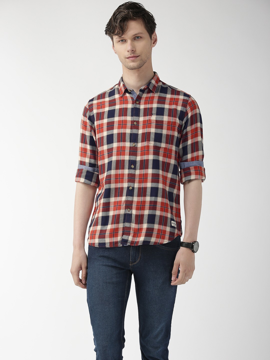 

Flying Machine Men Rust Orange & Navy Slim Fit Checked Casual Shirt