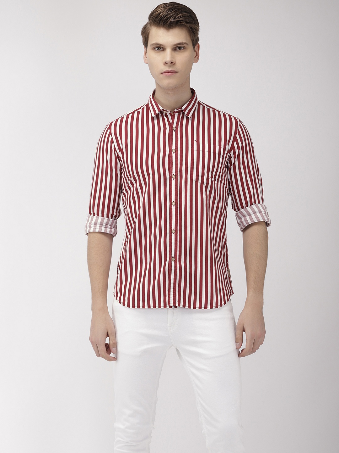 

Flying Machine Men Red & White Slim Fit Striped Casual Shirt