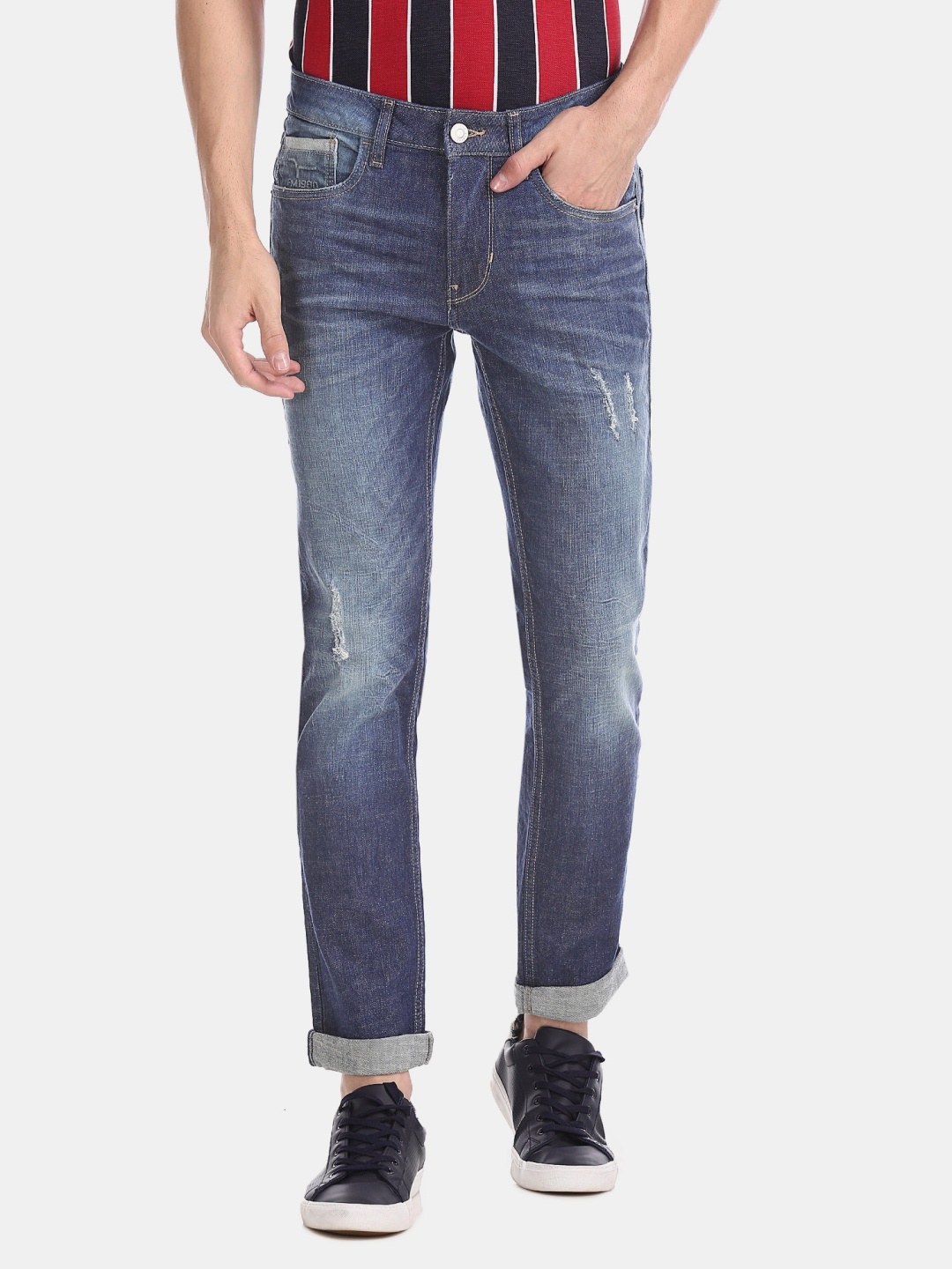 

Flying Machine Men Blue Slim Tapered Fit Mid-Rise Low Distress Stretchable Jeans