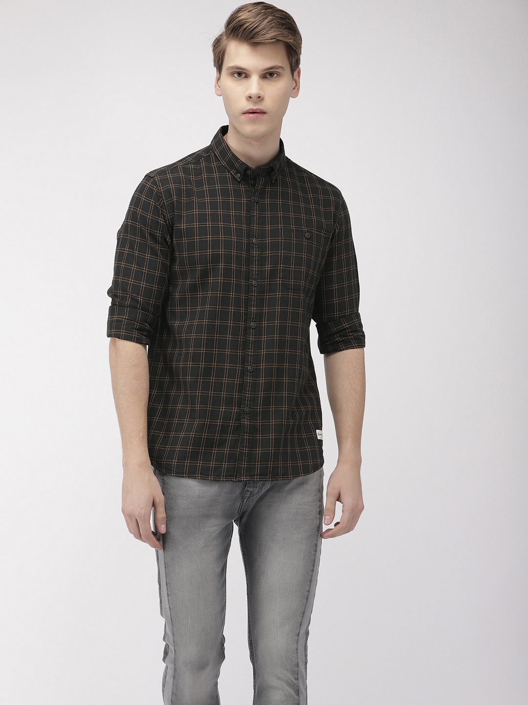 

Flying Machine Men Black & Mustard Yellow Slim Fit Checked Casual Shirt