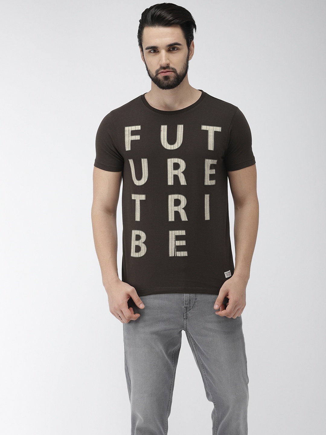 

Flying Machine Men Charcoal Grey Off-White Printed Round Neck Pure Cotton T-shirt
