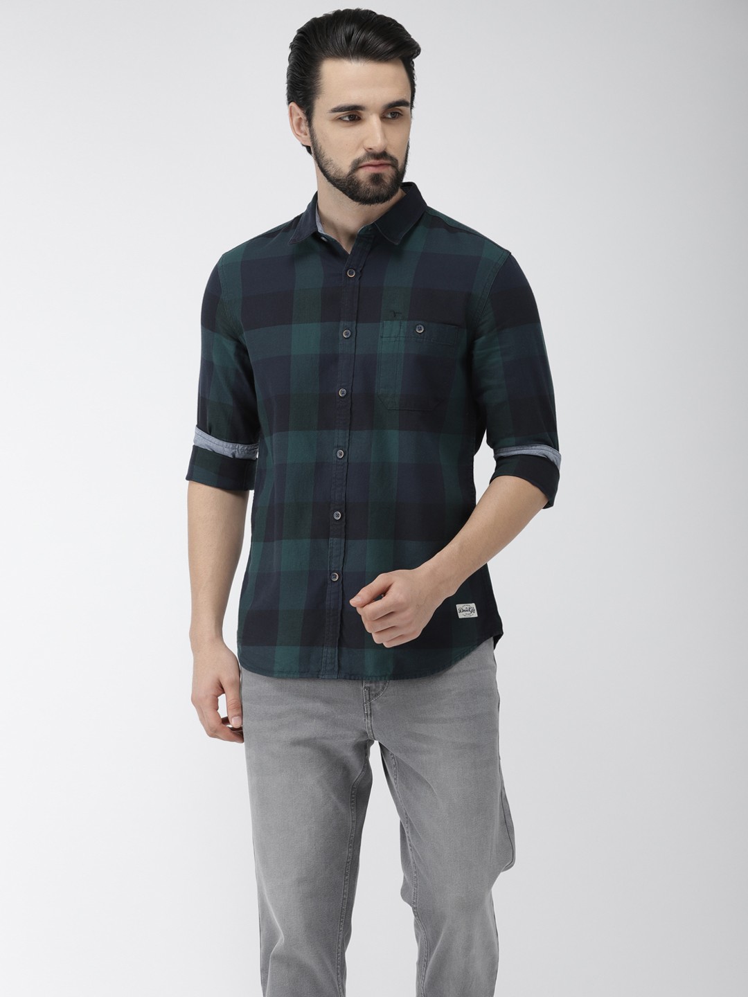 

Flying Machine Men Green & Navy Blue Slim Fit Checked Casual Shirt