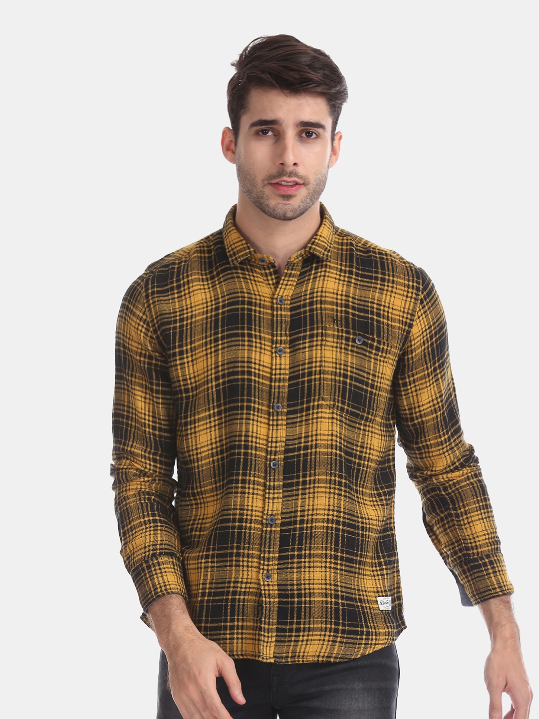 

Flying Machine Men Yellow & Black Slim Fit Checked Casual Shirt