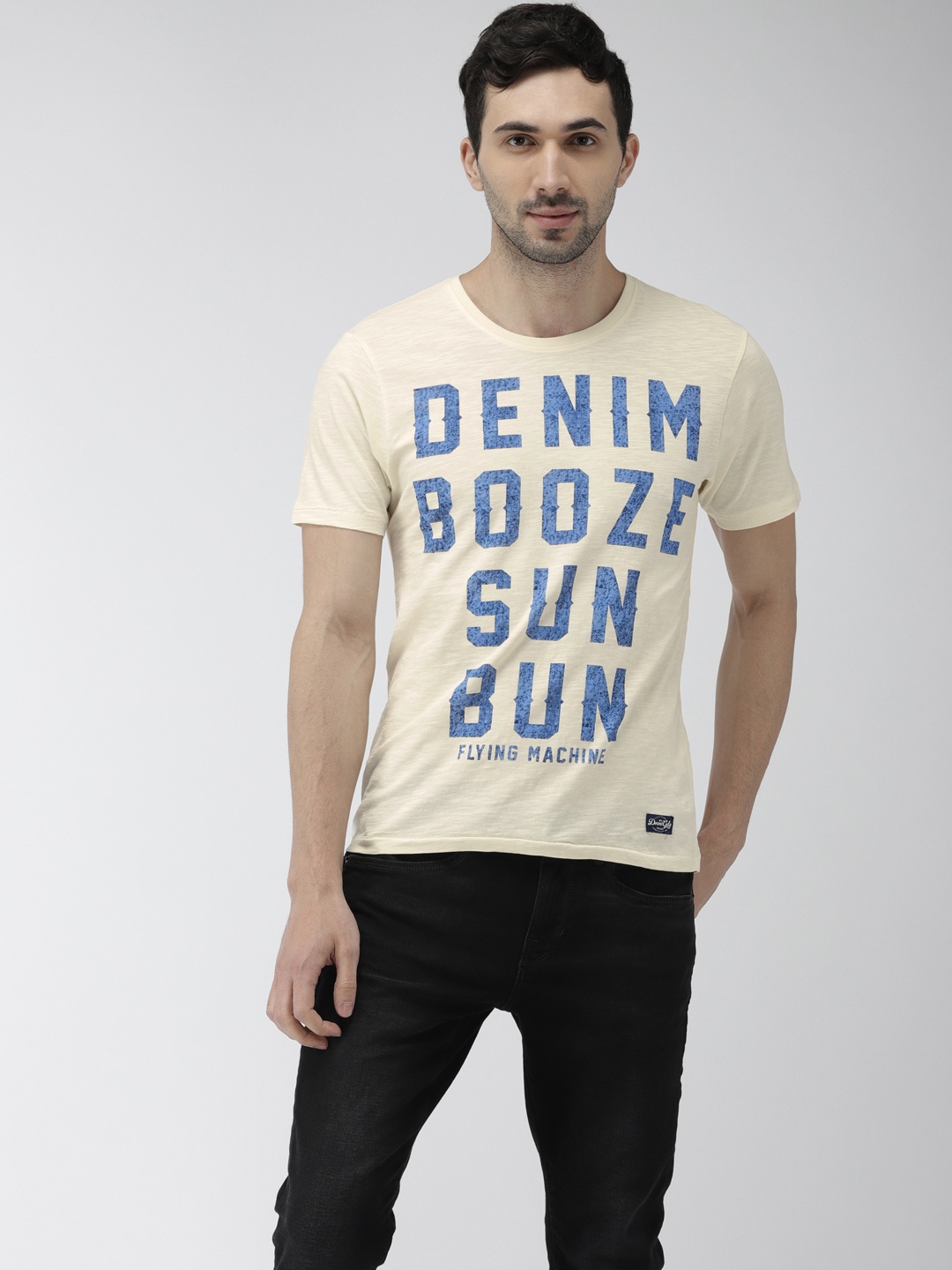 

Flying Machine Men Off-White Blue Printed Round Neck Pure Cotton T-shirt
