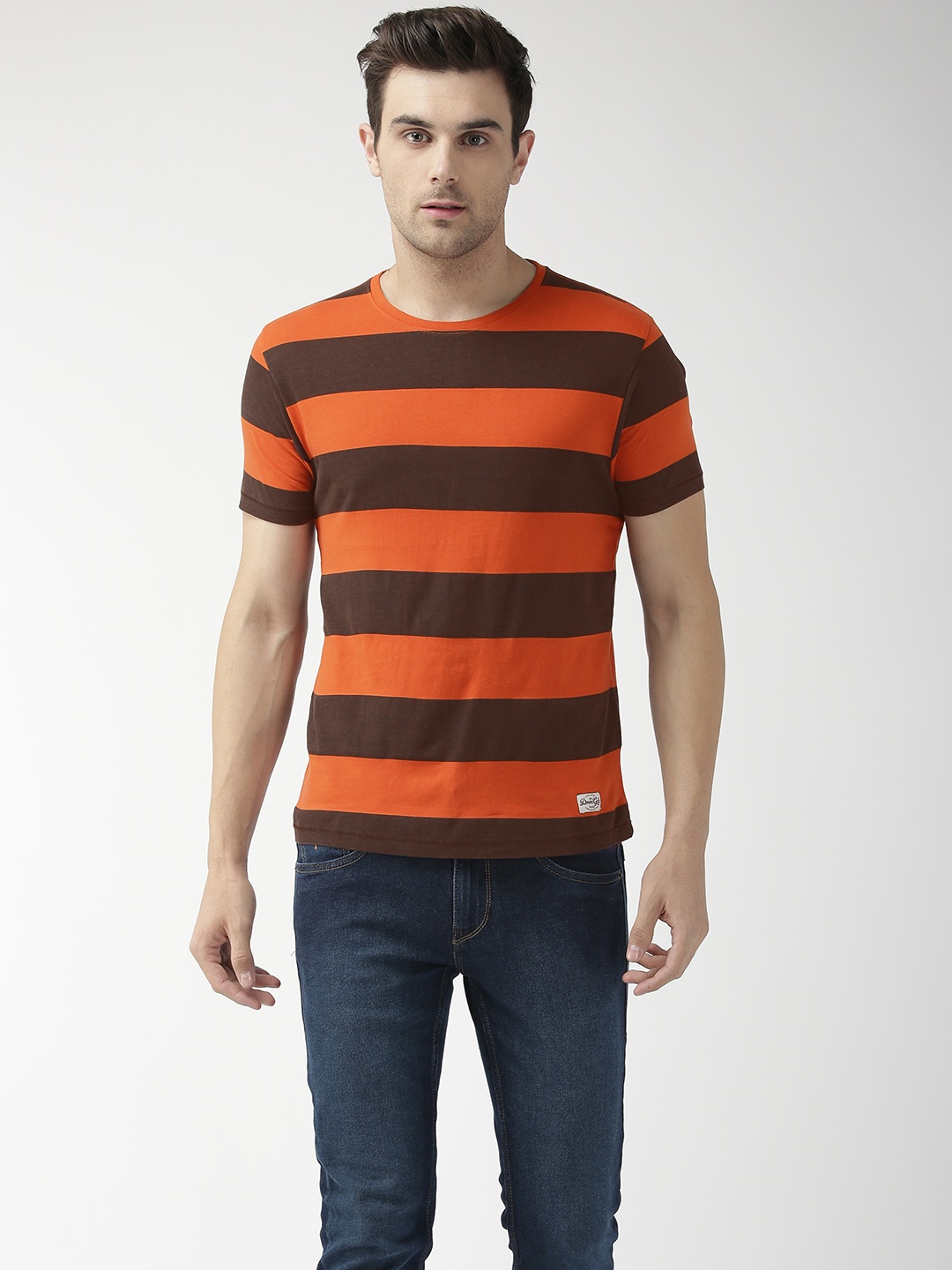 

Flying Machine Men Rust Orange Brown Striped Round Neck Pure Cotton T-shirt