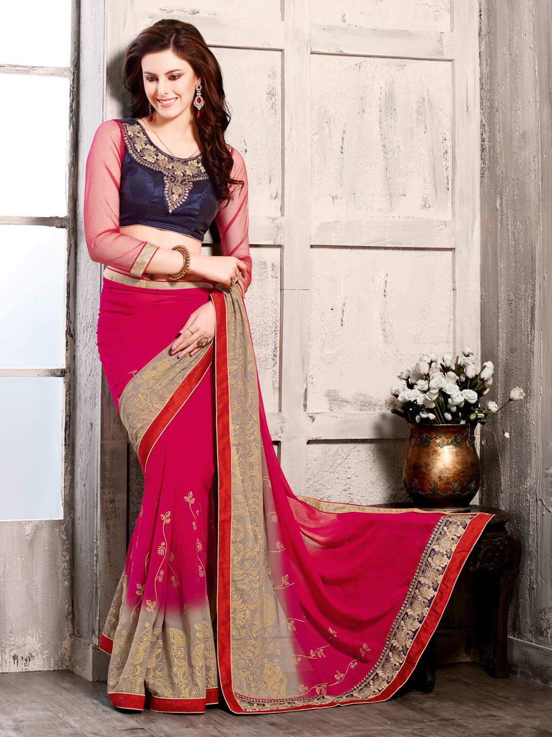 

Kalista Pink Printed Georgette Embellished Saree